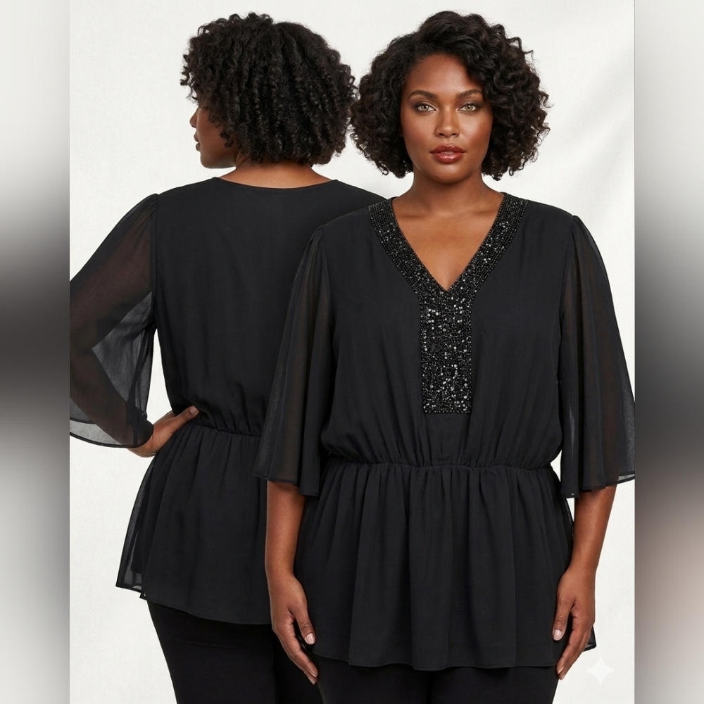 New American Glamour Badgley Mischka Beaded V-Neck Chiffon Top Plus Size Lined
